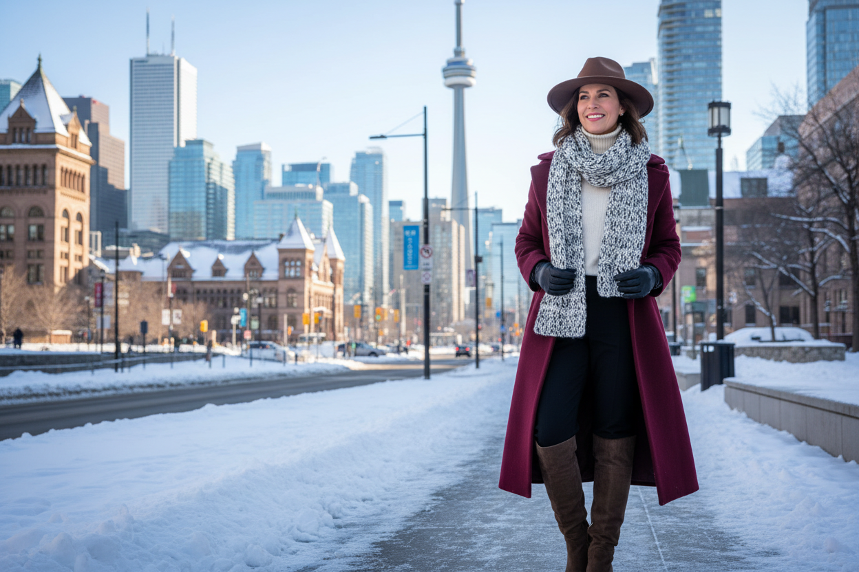 geneer een afbeelding een vrouwelijke model in de 30 in het mooie winter dag in toronto